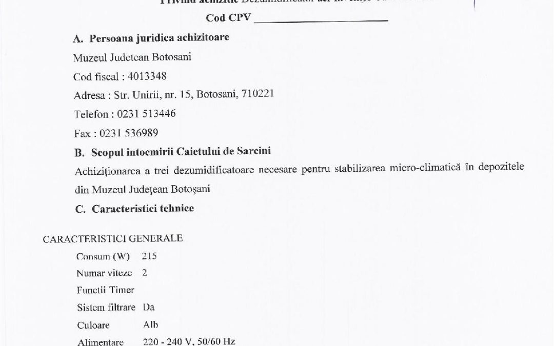 Caiet de sarcini achizitie dezumidificatoare