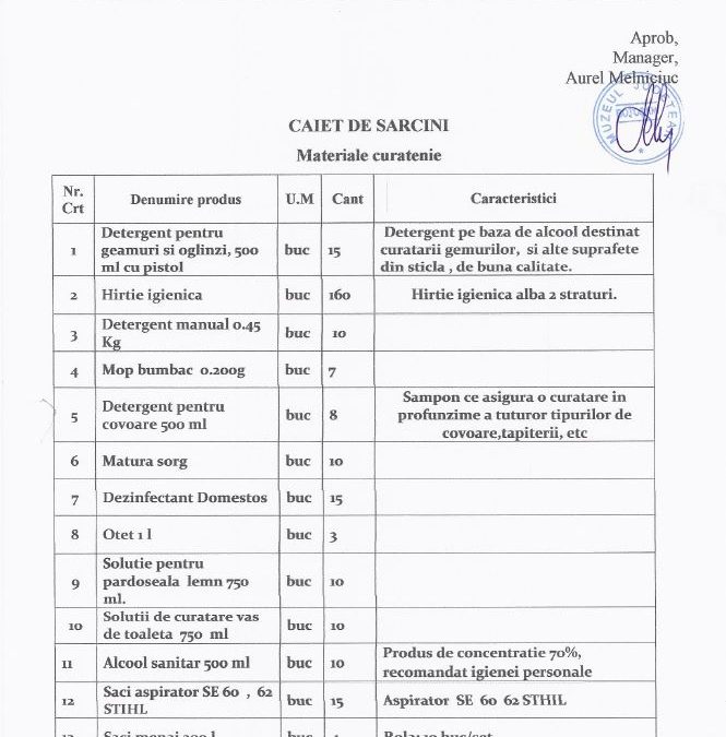 Caiet de sarcini achizitie materiale curatenie