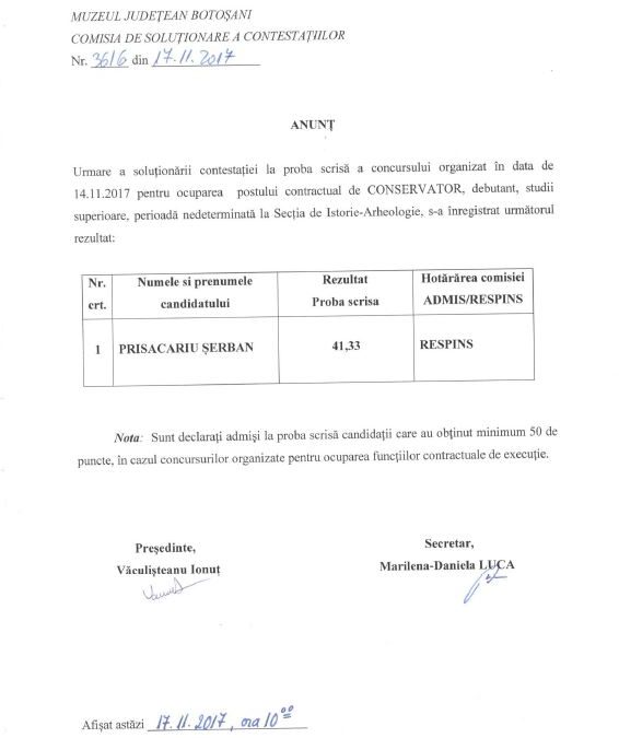 Anunt rezultate contestatie proba scrisa – conservator debutant