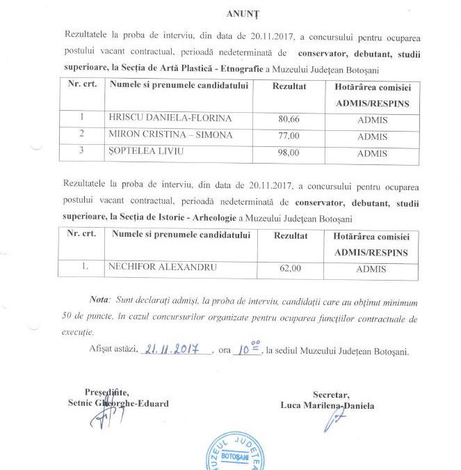 Anunt rezultate proba de interviu – conservator