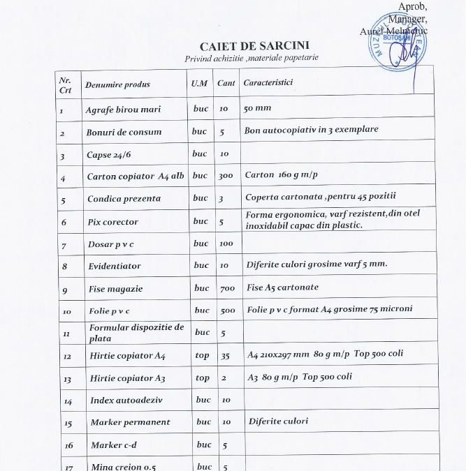 Caiet de sarcini achizitie materiale papetarie