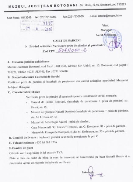 Caiet de sarcini achizitie verificare prize de pamant si paratonari