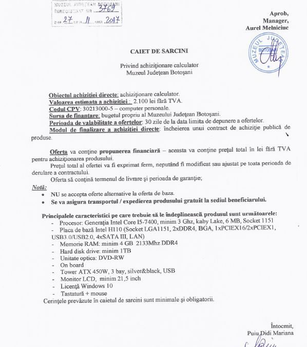 Caiet de sarcini achizitie calculatoare