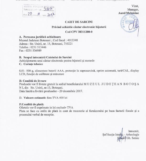 Caiet de sarcini achizitie cantar electronic bijuterii