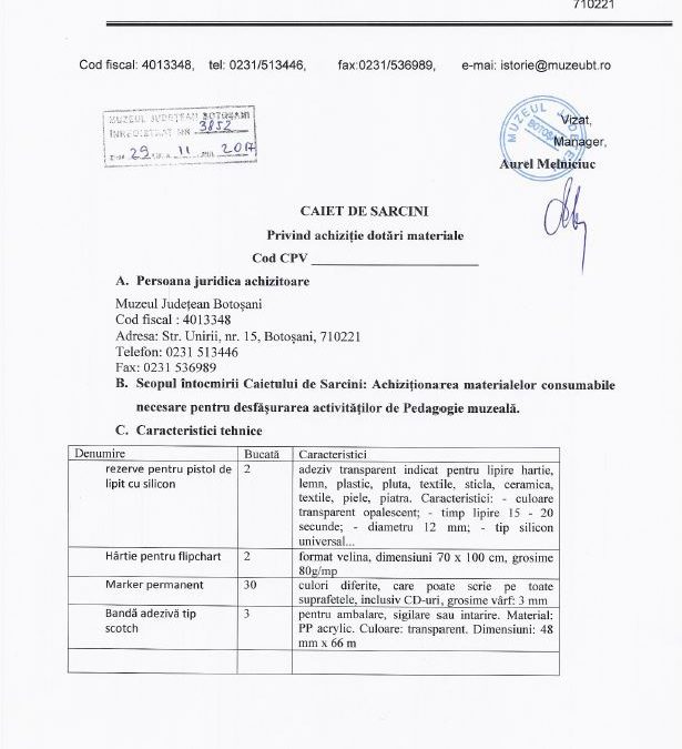 Caiet de sarcini achizitie dotari materiale