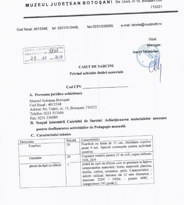 Caiet de sarcini achizitie dotari materiale
