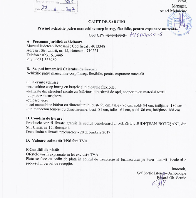 Caiet de sarcini achizitie patru manechine corp intreg