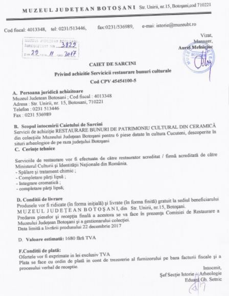 Caiet de sarcini achizitie restaurare bunuri culturale