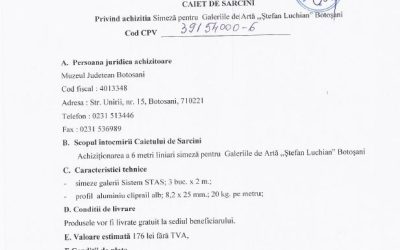 Caiet de sarcini achizitie Simeza pentru Galeriile de Arta „Stefan Luchian” Botosani