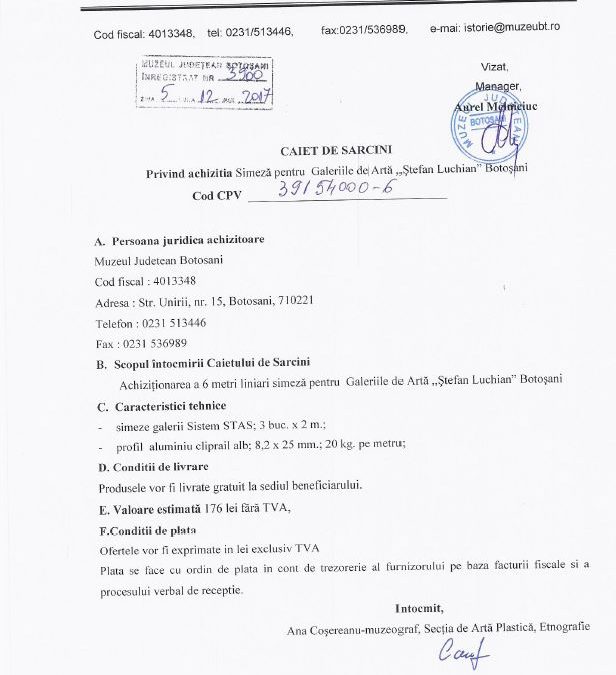 Caiet de sarcini achizitie Simeza pentru Galeriile de Arta „Stefan Luchian” Botosani