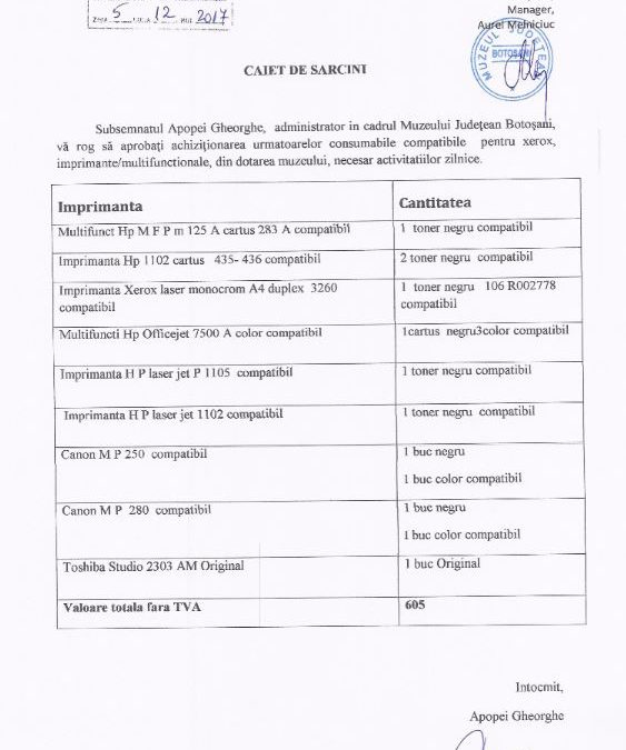 Caiet de sarcini achizitie tonere