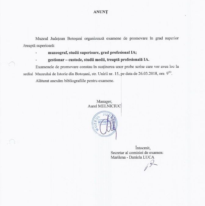 Examene de promovare in grad superior/ treapta superioara – muzeograf si gestionar