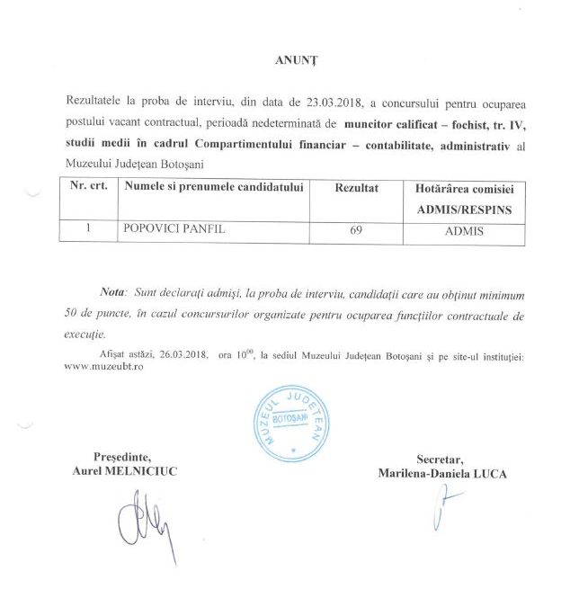 Rezultatele la proba interviu pentru ocuparea postului de fochist