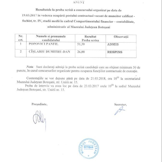Rezultate la proba scrisa a concursului in vederea ocuparii postului de fochist