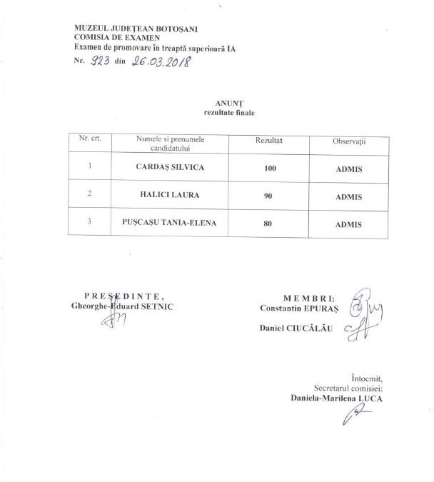 Rezultate finale promovare gestionari-custozi