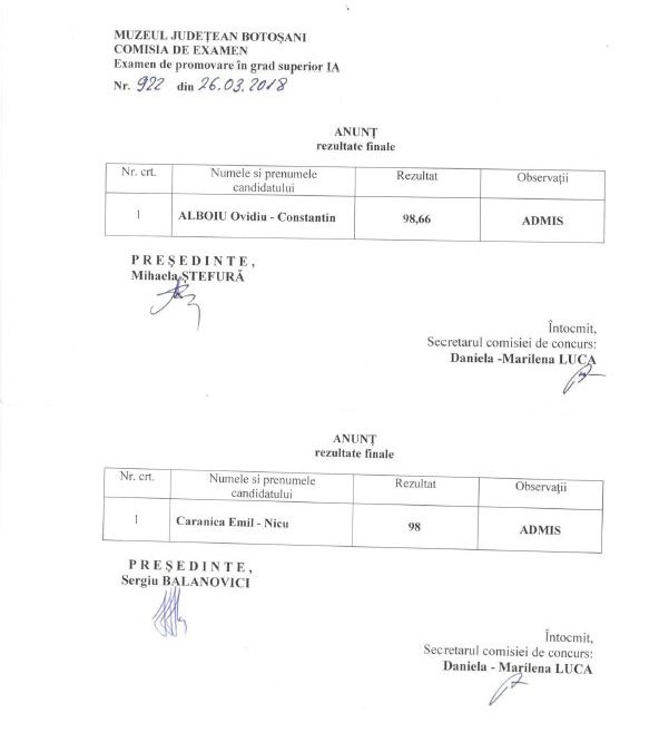 Rezultate finale promovare muzeografi
