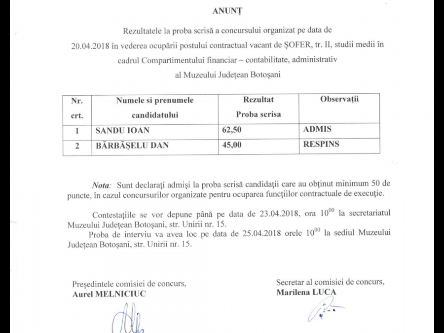 Rezultate proba scrisa concurs angajare sofer