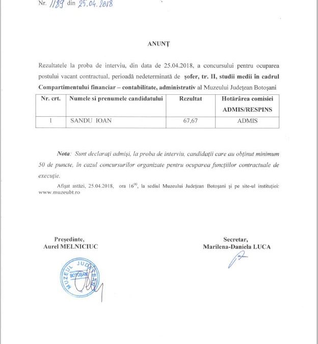 Rezultatele la proba de interviu a concursului pentru ocuparea postului de sofer