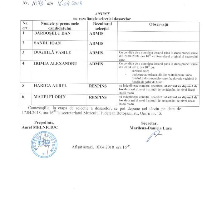 Anunt cu rezultatele selectiei dosarelor – sofer