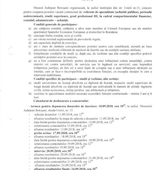 Anunt angajare referent de specialitate (achizitii publice), grad profesional III