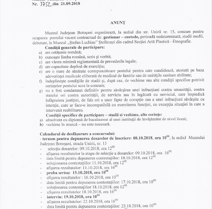 Concurs pentru ocuparea postului vacant contractual de gestionar-custode