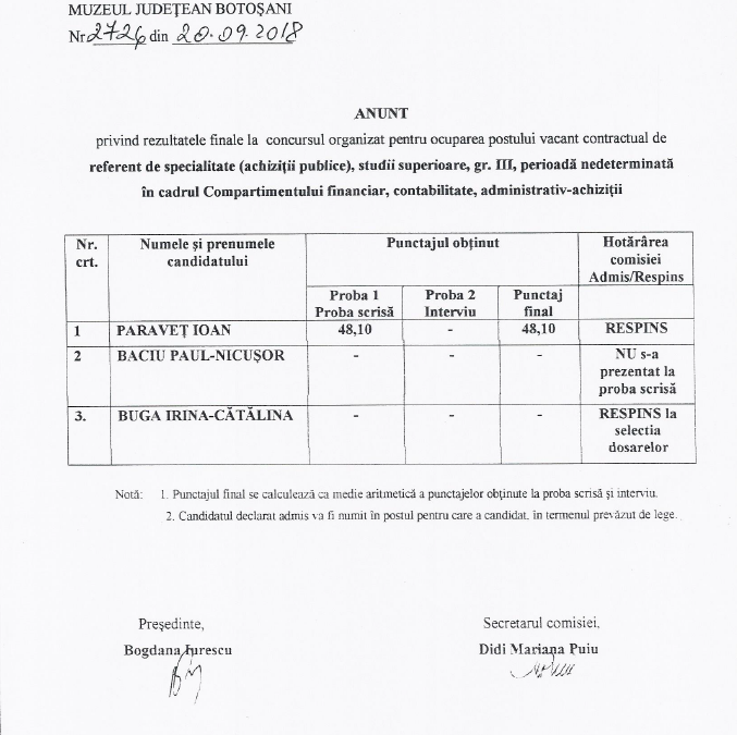 Rezultate finale pentru ocuparea postului de referent specialitate