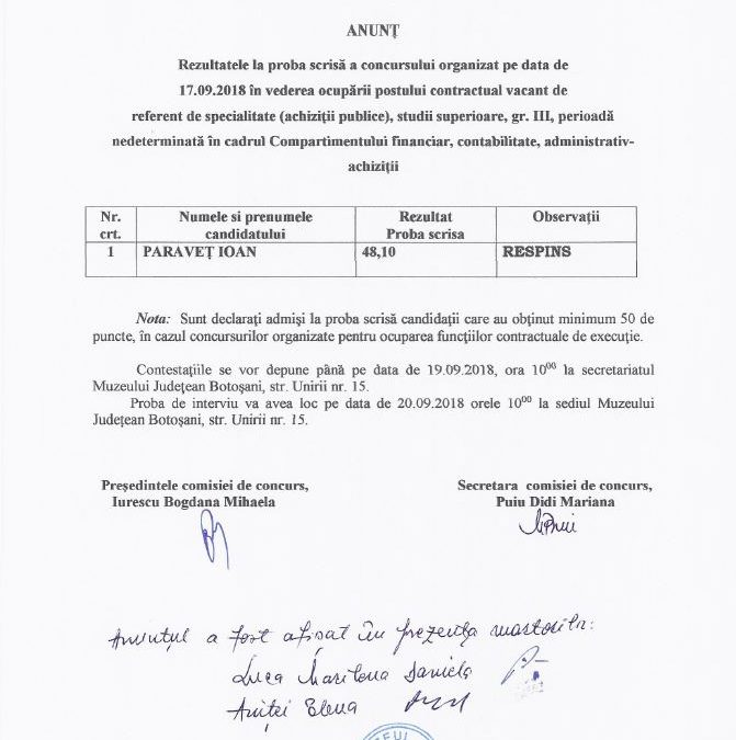 Rezultatele la proba scrisa a concursului in vederea ocuparii postului de referent