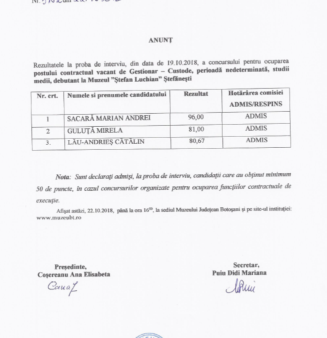 Anunt rezultate gestionar custode