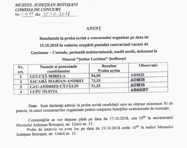 Anunt rezultate proba scrisa