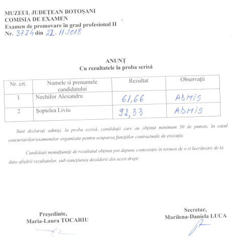 Anunt cu rezultate la proba scrisa