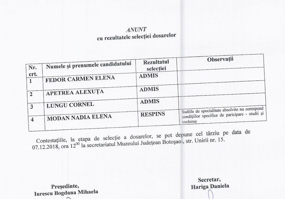 Anunt selecție dosare