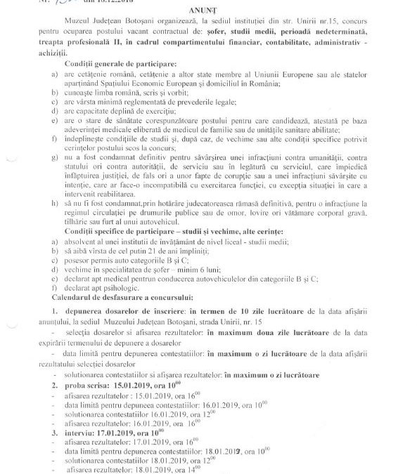 Concurs pentru ocuparea postului de sofer