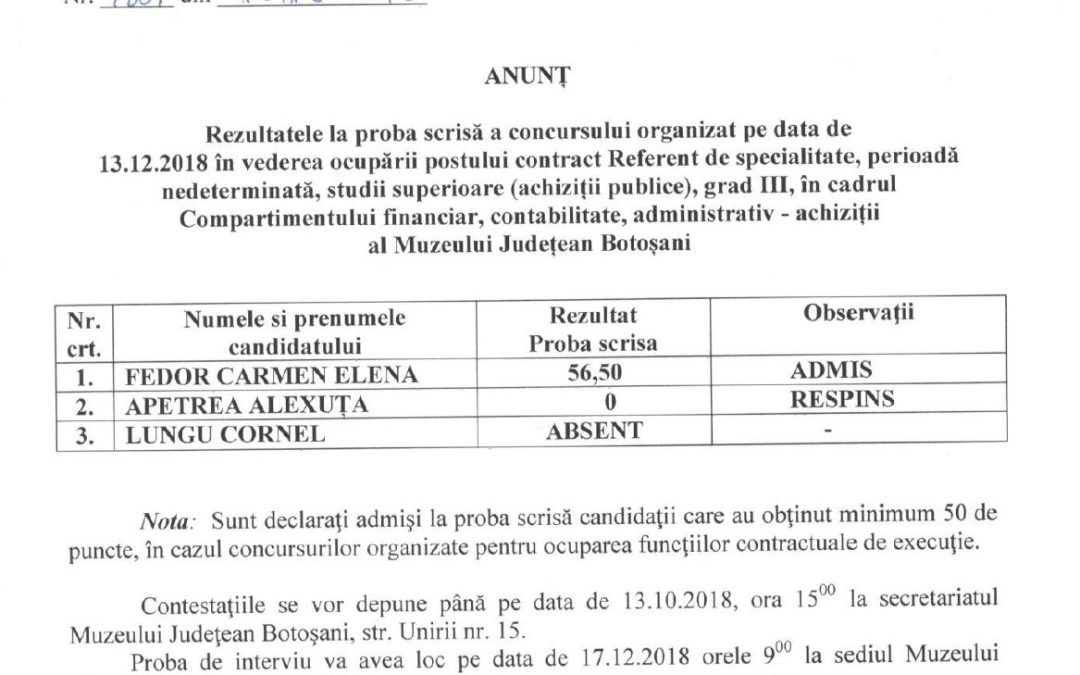 Anunt proba scrisa concurs referent de specialitate, gr. III