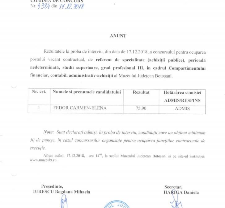 Rezultatele la proba de interviu pentru ocuparea postului de referent de specialitate