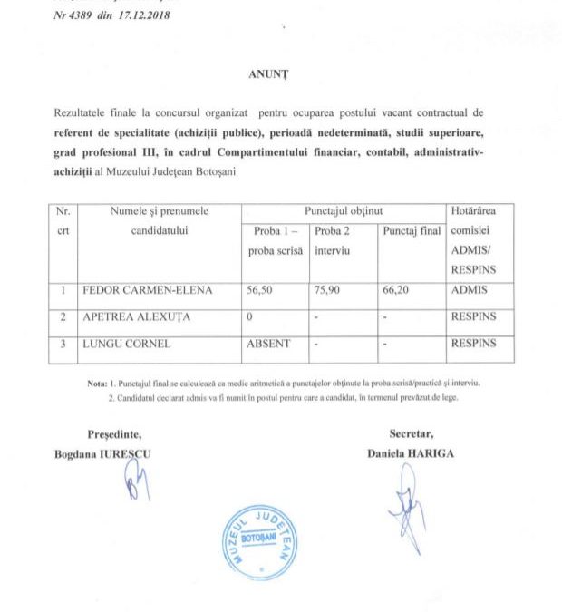 Rezultate finale – referent de specialitate