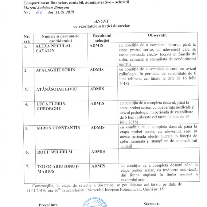 Anunt cu rezultatele selectiei dosarelor