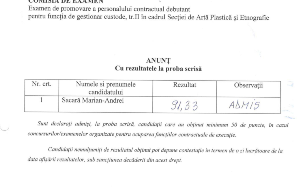 Anunt cu rezultatele la examenul de promovare a personalului contractual debutant