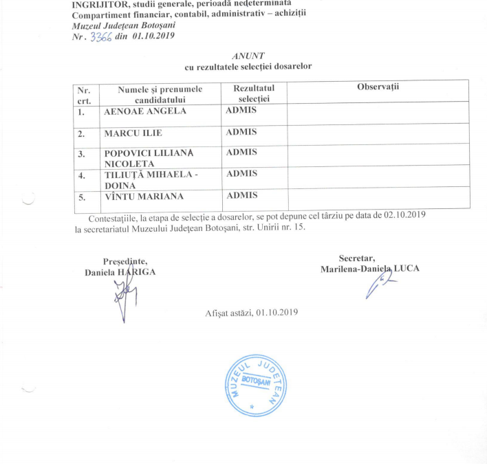 Selectie dosare: concurs pentru ocuparea postului contractual vacant de ingrijitor