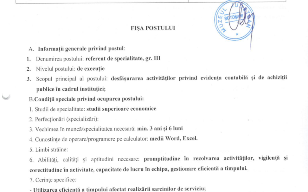 Concurs pentru ocuparea postului de referent de specialitate S III