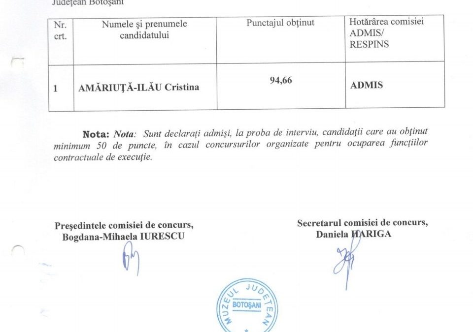 Rezultate proba de interviu – concurs referent de specialitate S III