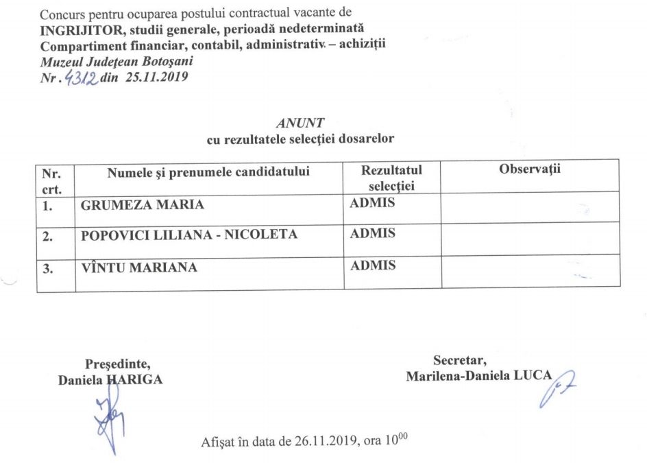 Anunt cu rezultate selectie dosare