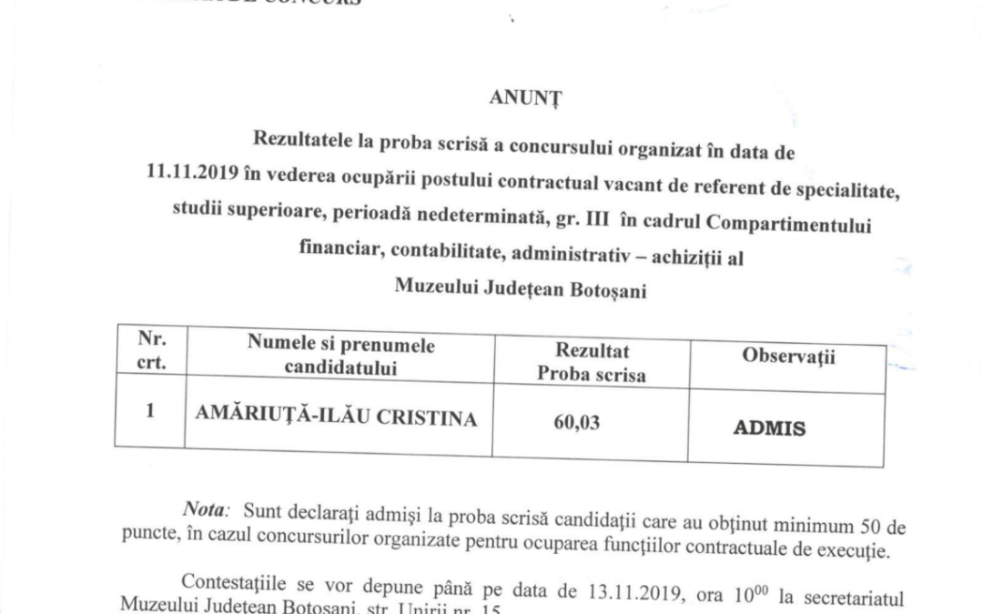 Proba scrisa – concurs pentru ocuparea postului de referent de specialitate, gr. III