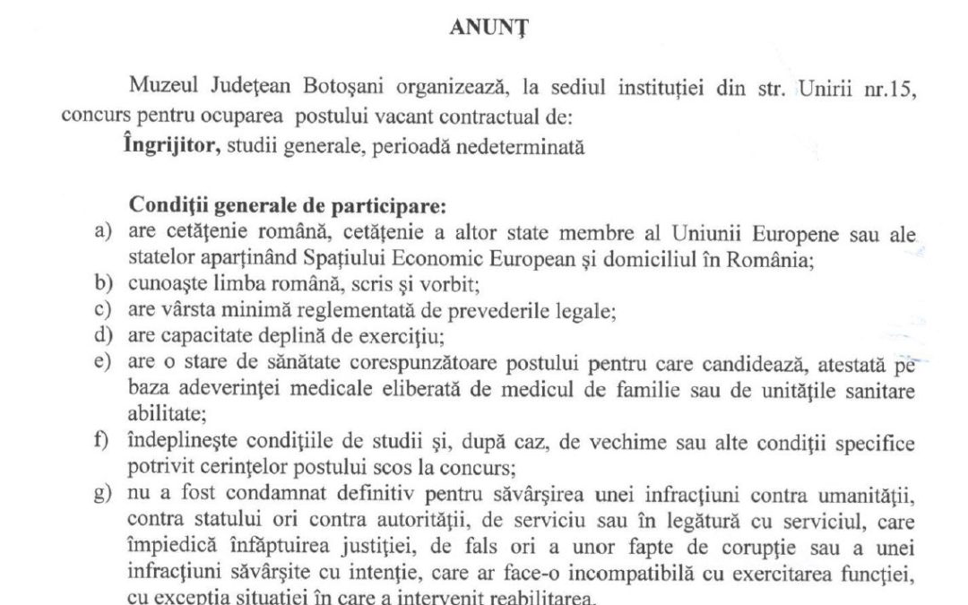 Concurs pentru ocuparea postului vacant de ingrijitor