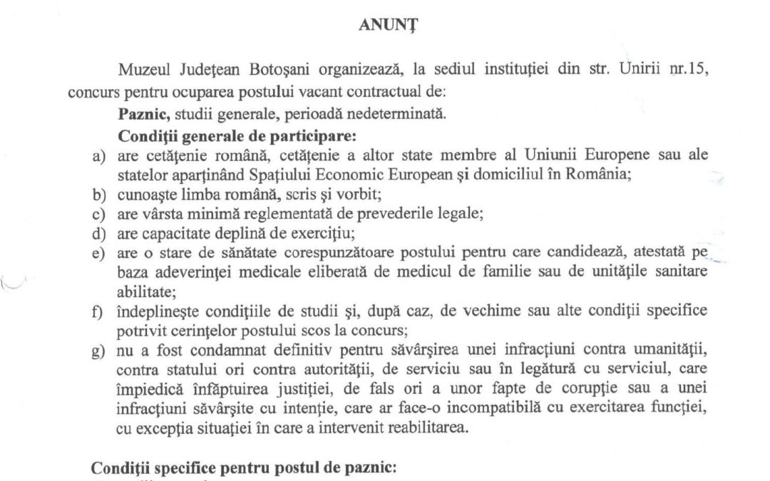 Concurs pentru ocuparea postului vacant de paznic