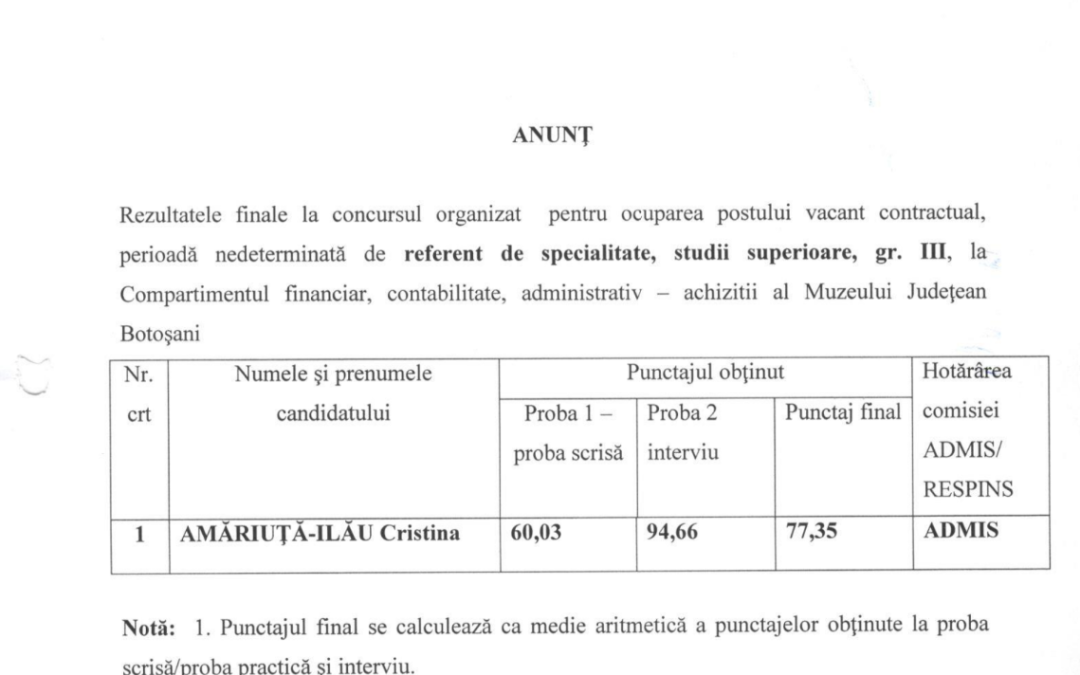Rezultate finale concurs referent de specialitate, studii superioare, gr. III