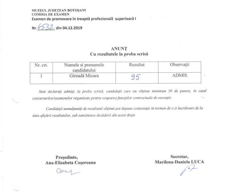 Anunt cu rezultatele la proba scrisa