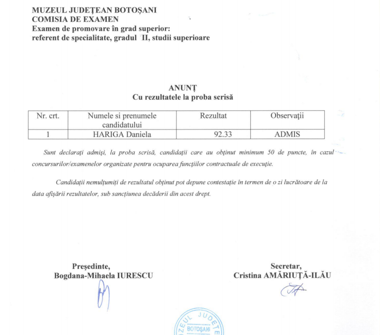 Rezultate proba scrisa – referent de specialitate