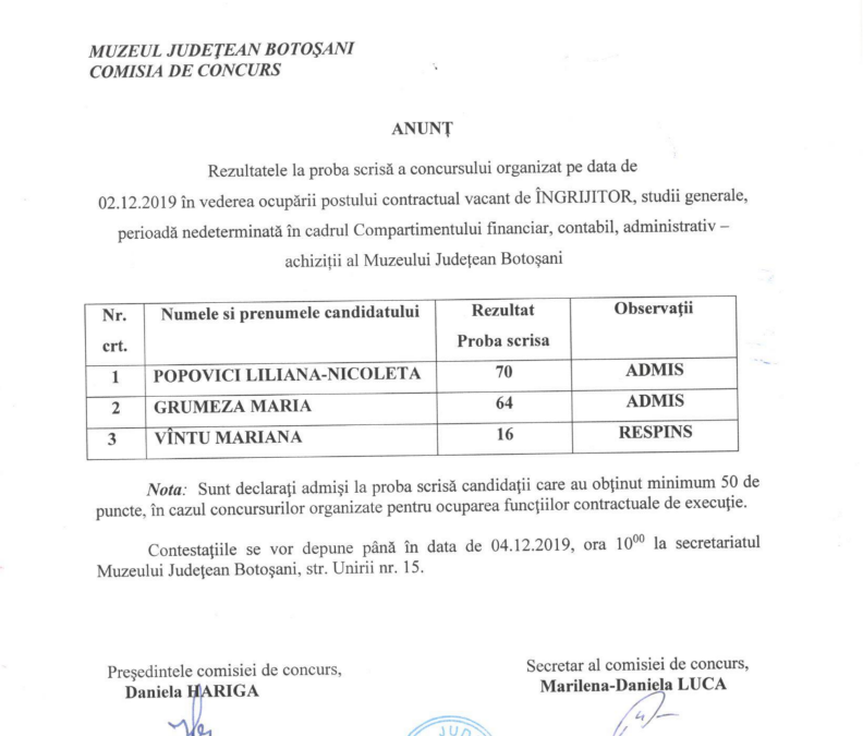 Rezultate la proba scrisa – INGRIJITOR