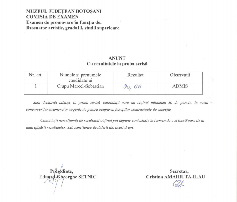 Anunt cu rezultatele la proba scrisa – desenator artistic