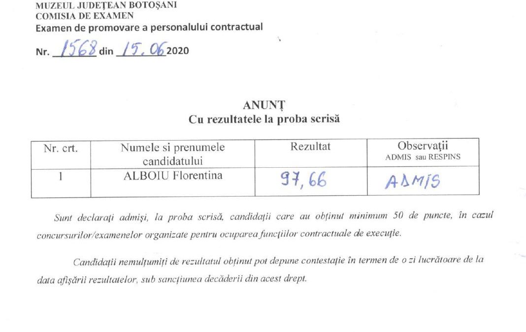 Anunt cu rezultatele la proba scrisa gestionar-custode